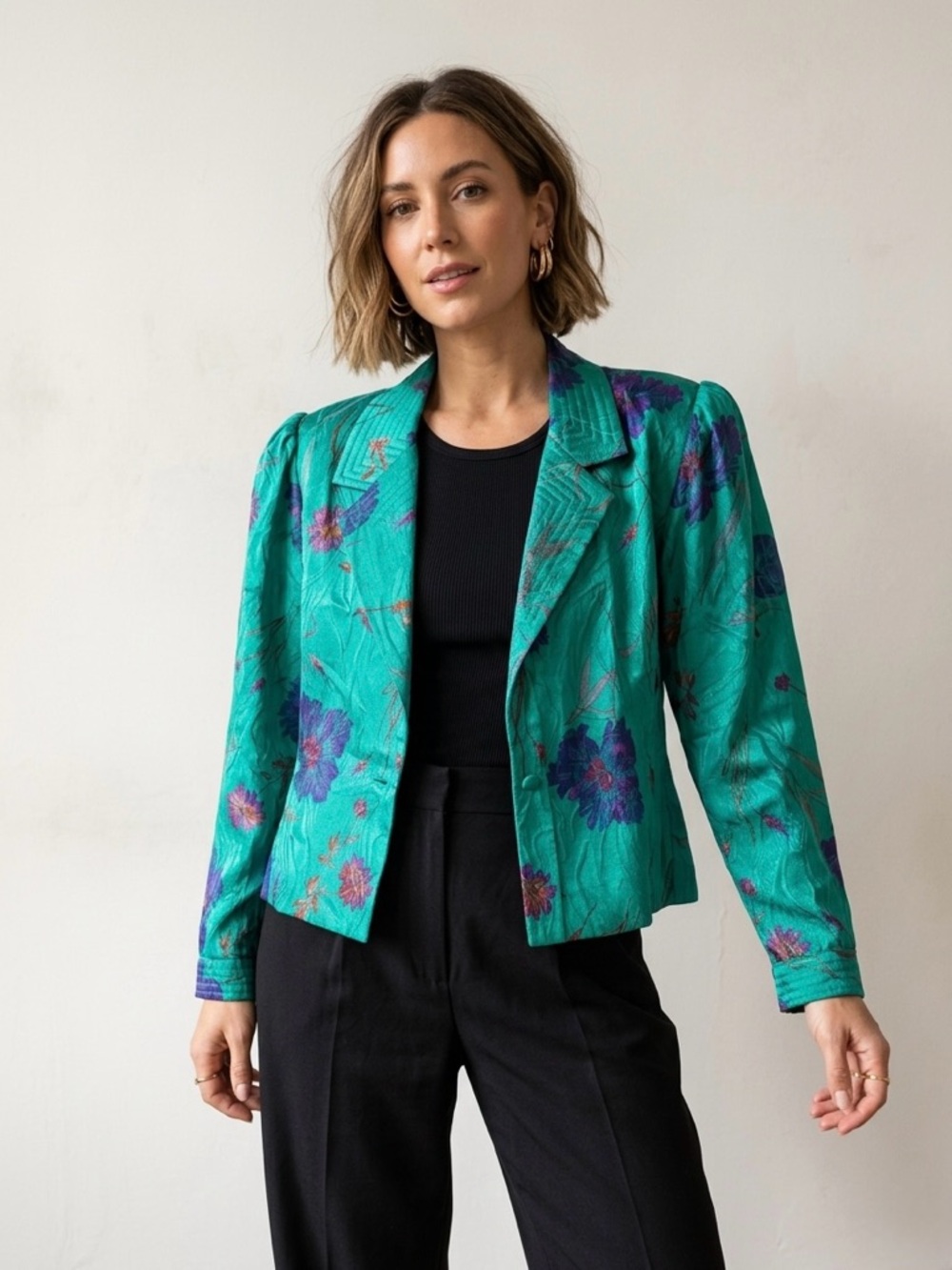 Vintage Alain Giroux Montreal 100% Silk Teal Jacquard Floral Cropped Blazer | M